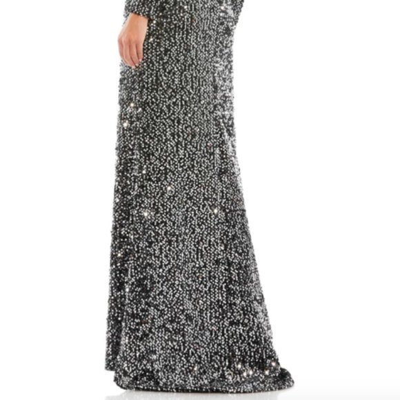 MAC  DUGGAL 26555 LONG SLEEVE SEQUIN BLACK SILVER GOWN sz 14 - Picture 5 of 6